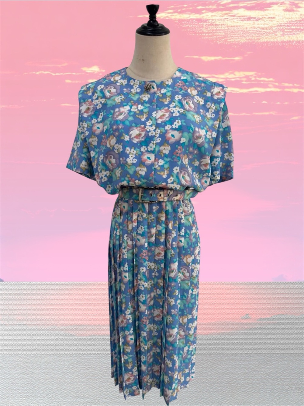 80s Blue Floral Pleated Womens Dress with Belt
